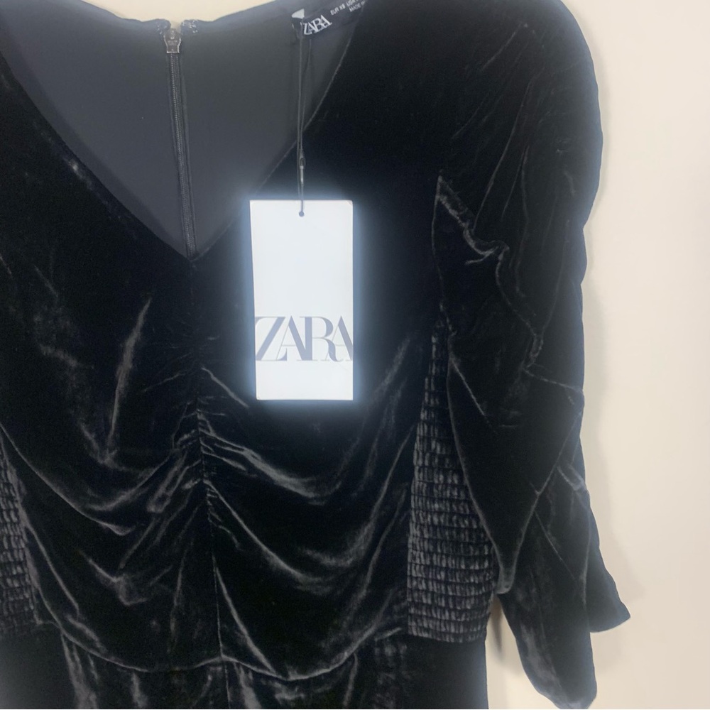ZARA Velvet Ruched Ruffle Smocked Mini Dress - Picture 3 of 15